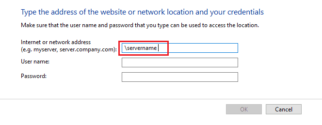 u internetskoj ili mrežnoj adresi upišite naziv poslužitelja. Popravite da navedena prijava ne postoji u sustavu Windows 10
