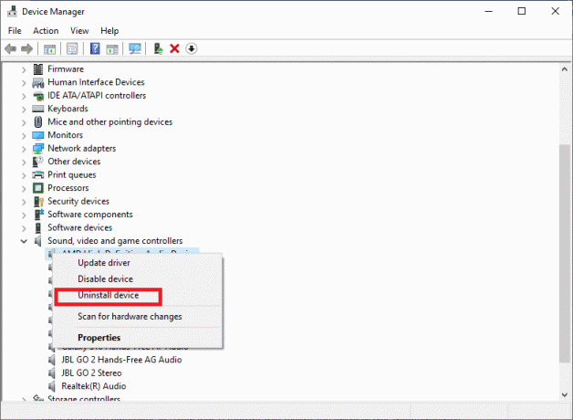 . ऑडियो डिवाइस पर राइट-क्लिक करें और अनइंस्टॉल डिवाइस चुनें | फिक्स्ड: डिसॉर्डर पिक अप गेम ऑडियो एरर