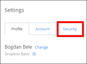 Dropbox Secure Settings-faner