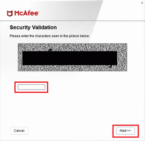 Текстове поле коду безпеки та кнопка «Далі». Як видалити McAfee LiveSafe у Windows 10