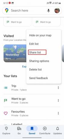 Google मानचित्र पर सूची सामग्री साझा करने का विकल्प