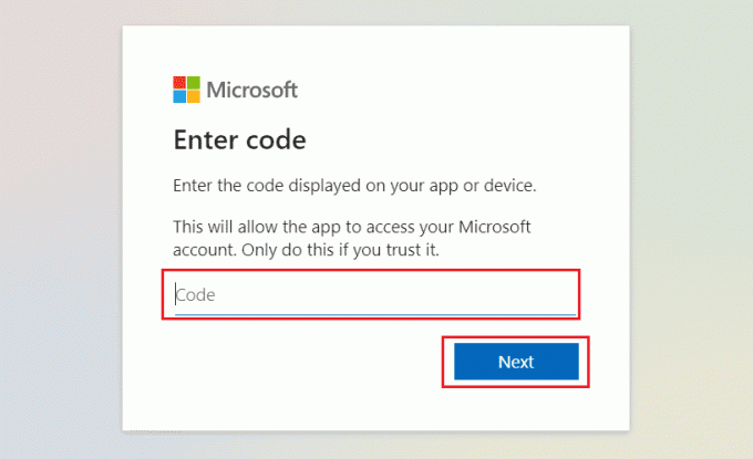 Besuchen Sie die Microsoft Live-Anmeldeseite und geben Sie den angegebenen Code in das verfügbare Feld ein. klicken Sie auf Weiter