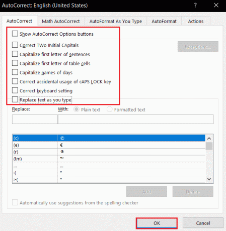 deselectați toate opțiunile din fila Corectare automată a Setărilor de corecție automată Microsoft Word