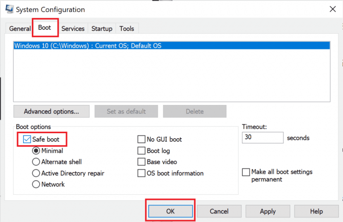 Klicken Sie auf die Registerkarte Boot und aktivieren Sie das Kontrollkästchen neben Safe boot unter Boot options. Beheben Sie, dass die Java TM Platform SE-Binärdatei in Windows 10 nicht reagiert