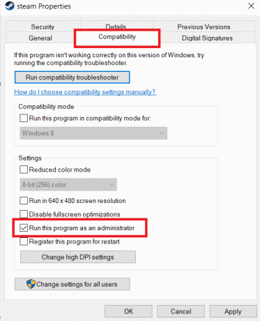 เลือกตัวเลือกเรียกใช้ในฐานะผู้ดูแลระบบจากเมนูความเข้ากันได้ แก้ไข Steam Stuck เมื่อเตรียมเปิดตัวใน Windows 10