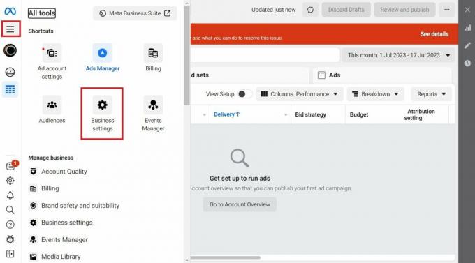 Haga clic en el ícono de Hamburguesa - Opción de configuración comercial en el panel izquierdo