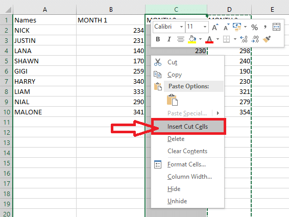 seleccione la columna antes de la cual desea insertar su columna de corte y luego haga clic derecho en la columna seleccionada