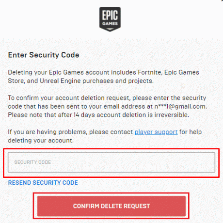 이메일로 전송된 보안 코드를 입력하고 CONFIRM DELETE REQUEST를 클릭하십시오.