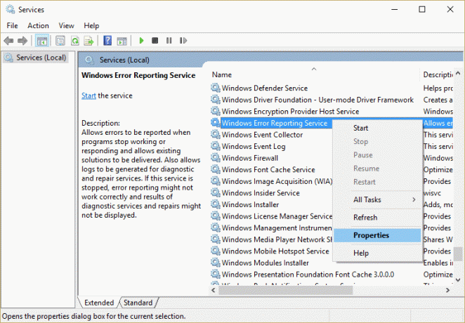Högerklicka på Error Reporting Service och välj Egenskaper | Åtgärda File Explorer-kraschproblem i Windows 10