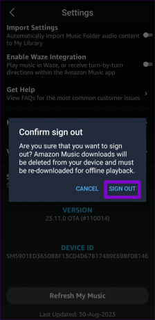 Amazon Music 앱에서 로그아웃 확인