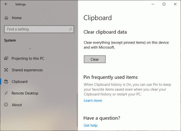 Klicken Sie unter Zwischenablagedaten löschen auf die Schaltfläche Löschen | Neue Zwischenablage in Windows 10 verwenden