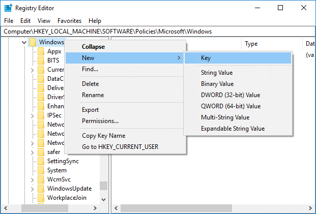 หากคุณไม่พบ Windows Search ให้คลิกขวาที่ Windows จากนั้นเลือก New & จากนั้นเลือก Key