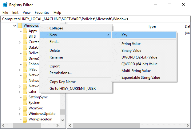 Dacă nu găsiți Căutare Windows, faceți clic dreapta pe Windows, apoi selectați Nou și apoi Cheie