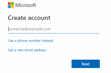 Ievadiet e-pasta adresi jaunajam Microsoft kontam un noklikšķiniet uz Tālāk