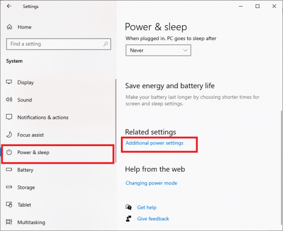 Wählen Sie die Option Power and sleep und klicken Sie unter Related settings auf Additional power settings. Absturz von Forza Horizon 5 in Windows 10 behoben