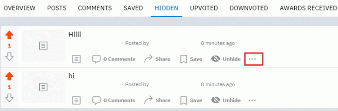 Kliknite na ikonu s tri točke pored bilo koje skrivene objave koju želite izbrisati | Kako vidjeti skrivene objave na Redditu