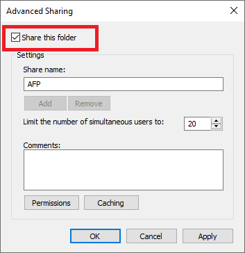 I det næste vindue skal du markere afkrydsningsfeltet Del denne mappe | Windows 10-netværksdeling virker ikke - rettet