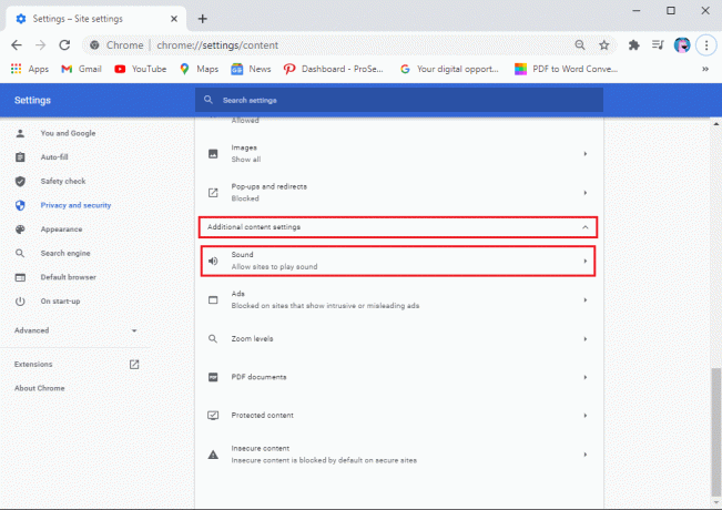 role para baixo e vá para a seção Conteúdo e clique em Configurações de conteúdo adicional para acessar o som