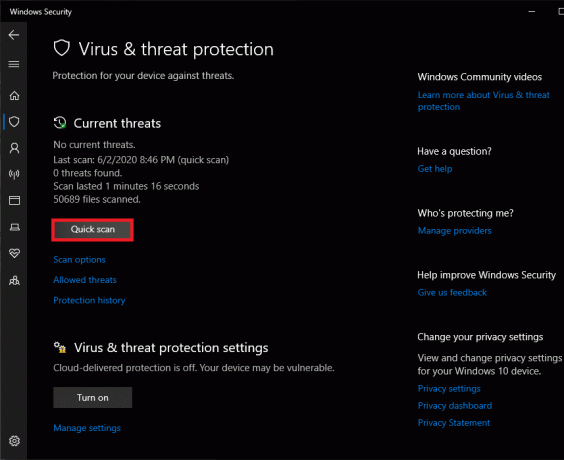Faceți clic pe Protecție împotriva virușilor și amenințărilor (pictograma scut) și apoi efectuați o scanare rapidă