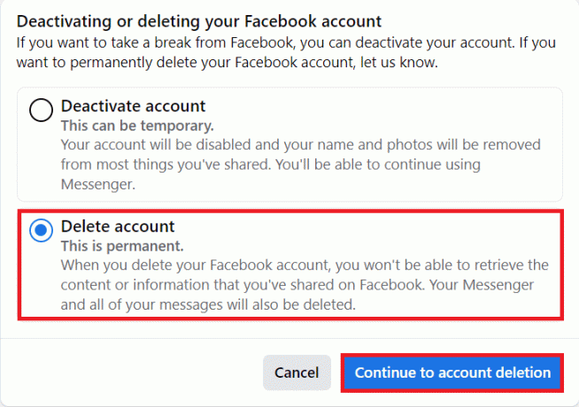 खाता हटाएं विकल्प चुनें और खाता हटाना जारी रखें पर क्लिक करें | बिना पासवर्ड के फेसबुक अकाउंट कैसे डिलीट करें