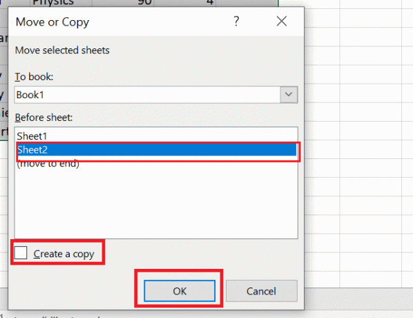 У оквиру за дијалог изаберите лист на који такође желите да преместите датотеку. Кликните на опцију креирања копије, а затим кликните на ОК.
