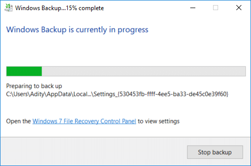 O backup vai começar e você pode ver quais arquivos estão sendo copiados