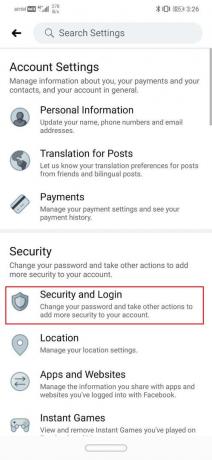 Klik op de optie Beveiliging en inloggen | Uitloggen bij Facebook Messenger