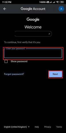 Geben Sie das Passwort Ihres Google-Kontos ein, um Ihre Identität zu bestätigen, und klicken Sie auf Weiter.