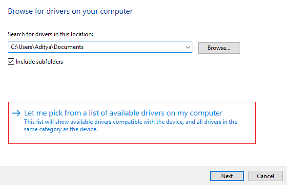 Permiteți-mi să aleg dintr-o listă de drivere disponibile pe computerul meu