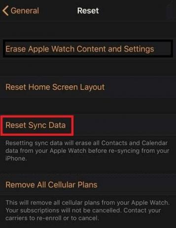 Toque na opção Redefinir dados de sincronização | Apple Watch travou na atualização durante o emparelhamento
