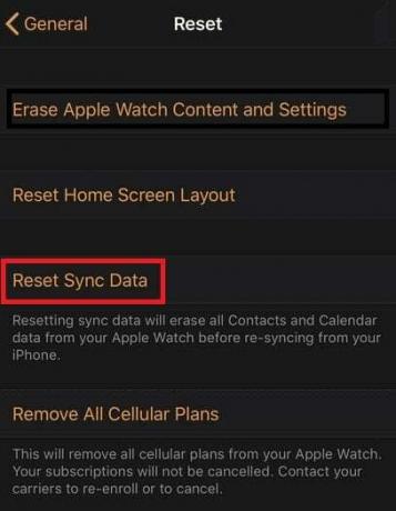 Appuyez sur l'option Réinitialiser les données de synchronisation | Apple Watch bloquée lors de la mise à jour lors du couplage