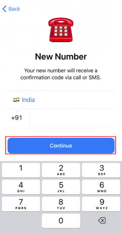  Voer uw nieuwe nummer in om een ​​bevestigingscode te ontvangen en tik op Doorgaan | Telegramlimiet overschreden op iPhone