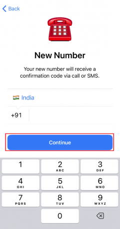  Vnesite svojo novo številko, da prejmete potrditveno kodo, in tapnite Nadaljuj | Presežena omejitev Telegrama na iPhoneu