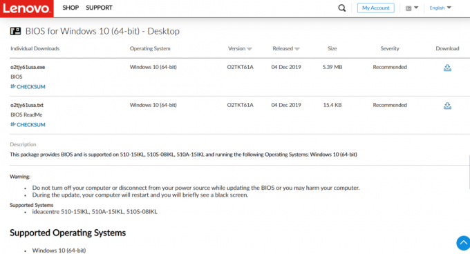página de descarga del controlador BIOS de lenovo windows 10