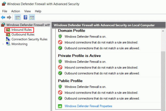 Klicka på Inkommande regler från menyn till vänster i Windows Defender Firewall Advance Security