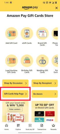 Option d'aide pour les cartes-cadeaux sur l'application Amazon | transférer le solde de la carte-cadeau sur un compte bancaire