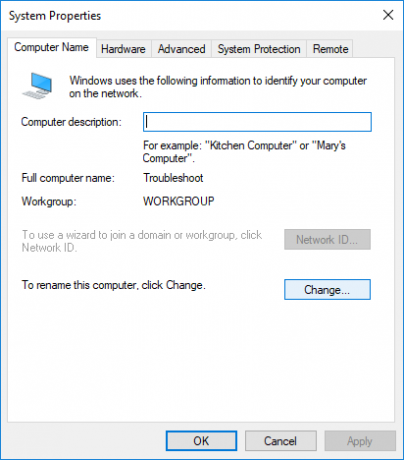 დარწმუნდით, რომ გადადით კომპიუტერის სახელის ჩანართზე, შემდეგ დააჭირეთ შეცვლა | როგორ შევცვალოთ კომპიუტერის სახელი Windows 10-ში