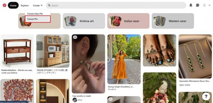 Seleziona Crea Pin dalle opzioni | come aggiungere immagini alla bacheca di Pinterest