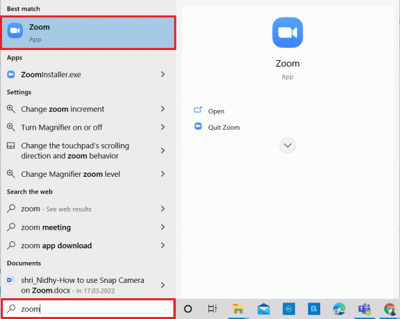 kirjoita hakuvalikkoon Zoom ja avaa se. Kuinka korjata Zoom Invalid Meeting ID -virhe Windows 10:ssä