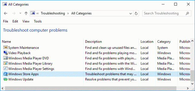 Iš Kompiuterio trikčių šalinimo sąrašo pasirinkite „Windows Store Apps“.