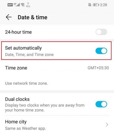 Simplemente active la opción Establecer automáticamente | Reparar Google Calendar no funciona en Android