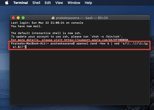 môžete vygenerovať náhodnú MAC adresu, ak ju potrebujete. Pre tento kód je: openssl rand -hex 6 | sed ‘s\(..\)\1:g; s. $“