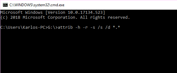 potom zadajte „G:\attrib -h -r -s s d *.*“ a stlačte Enter. G môžete nahradiť písmenom vašej jednotky, ktoré je spojené s vaším perom.