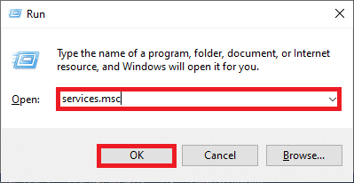 Upišite services.msc kako slijedi i kliknite OK. Popravite domenske usluge Active Directory trenutno nedostupne u sustavu Windows 10