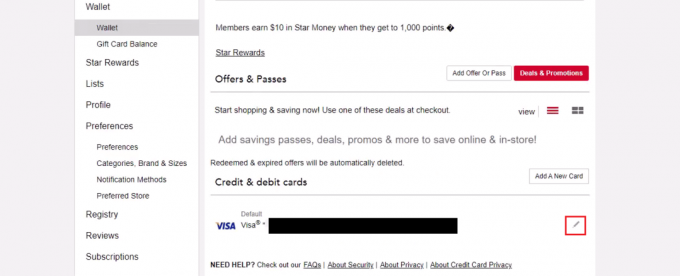 Klikk på redigeringsikonet ved siden av ønsket kredittkort fra delen Kreditt- og debetkort | Slik sletter du Macys konto