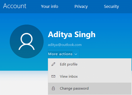 Napsauta Lisää toimintoja ja valitse sitten Vaihda salasana | Tilin salasanan vaihtaminen Windows 10:ssä