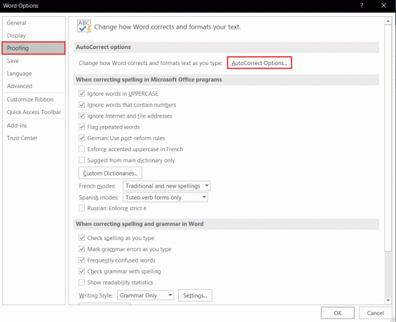 Kartica Microsoft Word Options Proffiing kliknite na Opcije automatskog ispravljanja