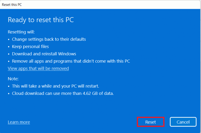 klikněte na Reset v okně Reset this PC windows pro dokončení konfigurace resetu PC.