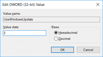 Наименувайте този нов ключ като UseWindowsUpdate, след което щракнете двукратно и променете стойността му на 2