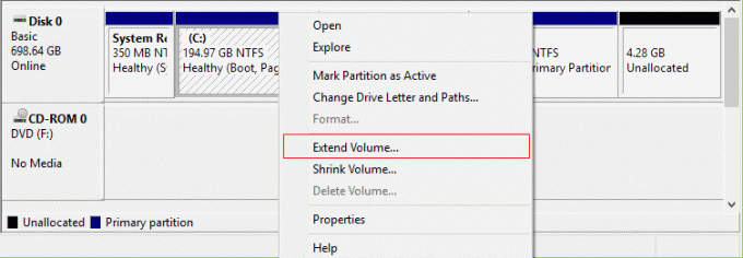 დააწკაპუნეთ მარჯვენა ღილაკით სისტემის დისკზე და აირჩიეთ Extend Volume. Windows 10-ის განახლების შეცდომის გამოსწორება 0x80070bcb